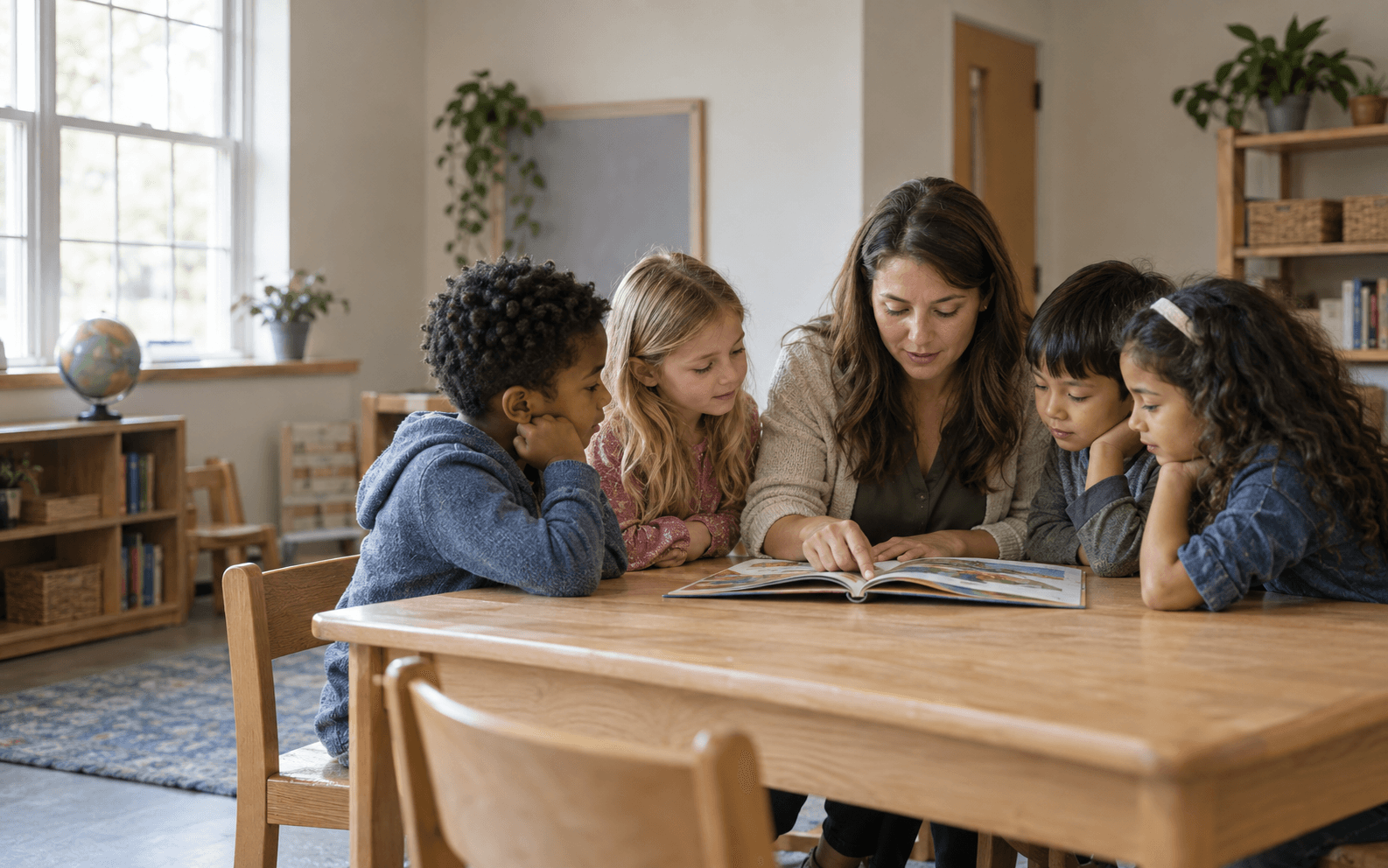 A teacher reading with a small group of Sunday School students