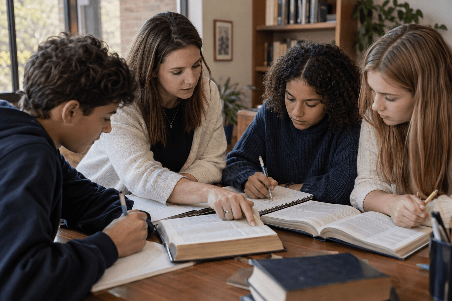 Teen School students working through curriculum with a teacher